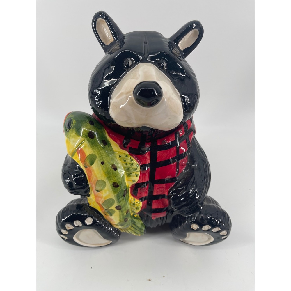 Black Bear Cookie Jar OS Black Red Excellent Plaid Fish Ceramic Rustic Cabin
